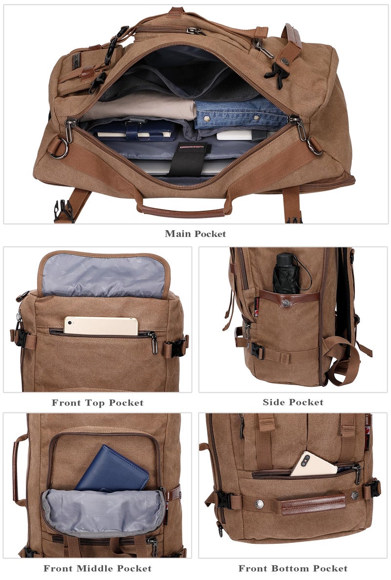 WITZMAN Canvas Backpack Vintage Travel Backpack Large Laptop Bags Convertible Shoulder Rucksack(A519-1 Brown) - Image 3